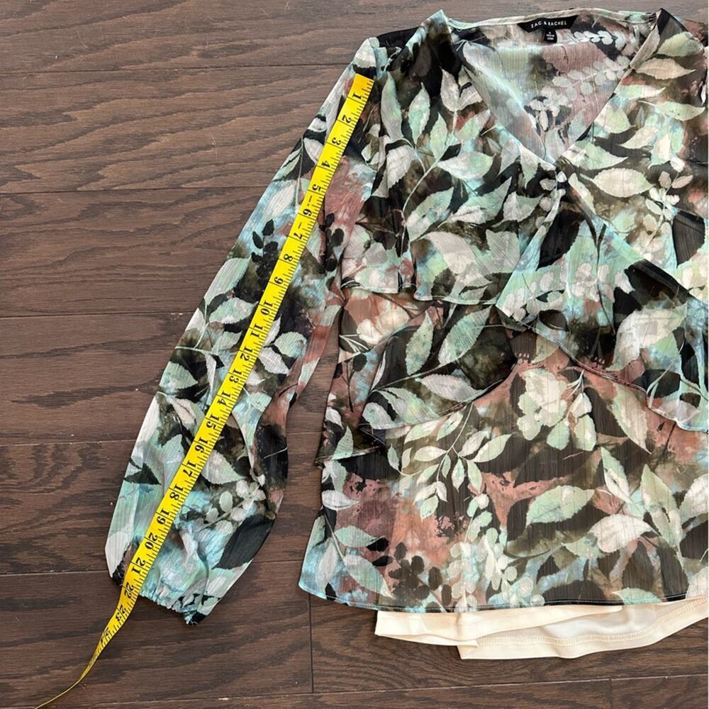 Zac & Rachel Sheer Floral Ruffle Blouse Dusty Olive Multi  Size Small NWT - Picture 7 of 11